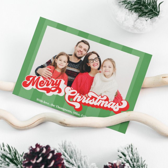 Postal Festiva Merry Christmas Retro Typography Green (A single photo double-sided holiday Merry Christmas Postcard)