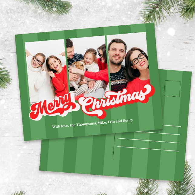 Postal Festiva Merry Christmas Retro Typography Multi Photo (Bold colorful red and green multi-photo postcard. )