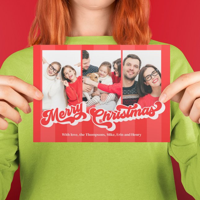 Postal Festiva Merry Christmas Retro Typography Multi Tres Fotogr (A basic postcard template with three photo layout.)