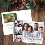 Postal Festiva Merry Christmas Script 5 Photo<br><div class="desc">Tarjeta postal de vacaciones modernas con tu foto repartida con una tira cinematográfica de tres fotos cuadradas,  "Feliz Navidad" en un guión festivo y tu nombre en una tipografía simple. Añade una quinta foto y tu mensaje estacional personalizado en la parte posterior.</div>