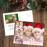 Postal Festiva Merry Christmas Script 5 Photo<br><div class="desc">Tarjeta postal de vacaciones modernas con tu foto repartida con una tira cinematográfica de tres fotos cuadradas,  "Feliz Navidad" en un guión festivo y tu nombre en una tipografía simple. Añade otra foto y tu mensaje estacional personalizado en la parte posterior.</div>
