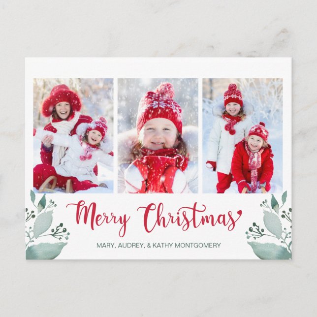 Postal Festiva Merry Christmas Script Watercolor Leaf 3 Photo (Anverso)