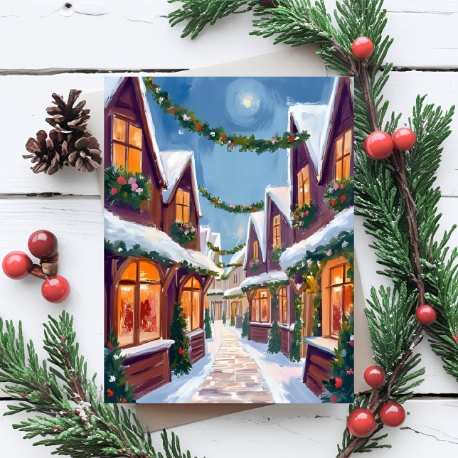 Postal Festiva Merry Christmas Town Watercolor (Subido por el creador)