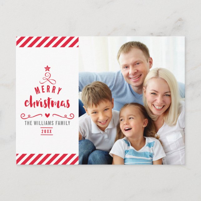Postal Festiva MERRY CHRISTMAS TREE typography family photo red (Anverso)