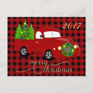 Postal Festiva Merry Christmas Truck & Tree Red Plaid Postcard