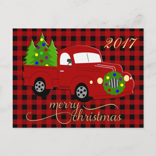 Postal Festiva Merry Christmas Truck & Tree Red Plaid Postcard (Anverso)