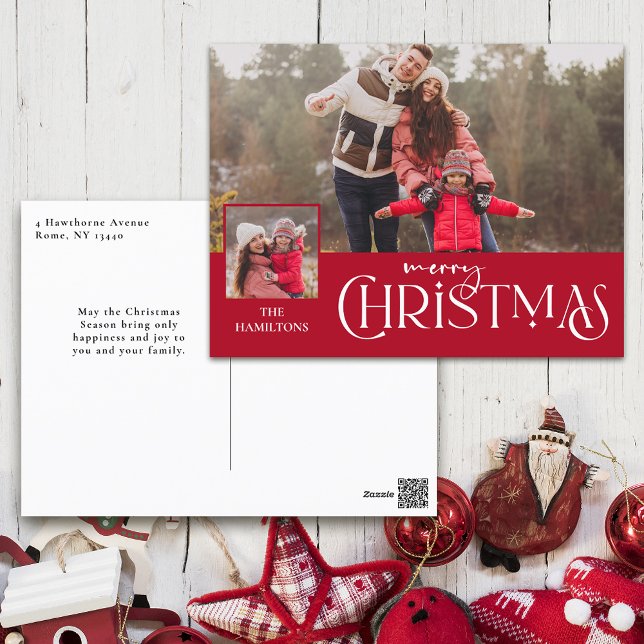 Postal Festiva Merry Christmas Typography Red Two-Photo (Subido por el creador)