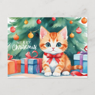 Postal Festiva Merry Christmas Watercolor Naranja Kitten