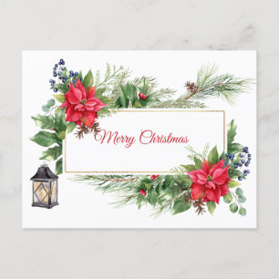 Postal Festiva Merry Christmas Watercolor Poinsettia, Berries