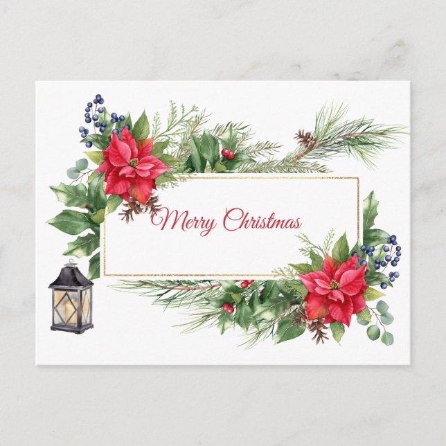 Postal Festiva Merry Christmas Watercolor Poinsettia, Berries (Anverso)