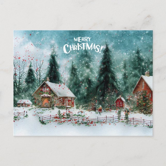 Postal Festiva Merry Christmas Watercolor Winter Village (Anverso)