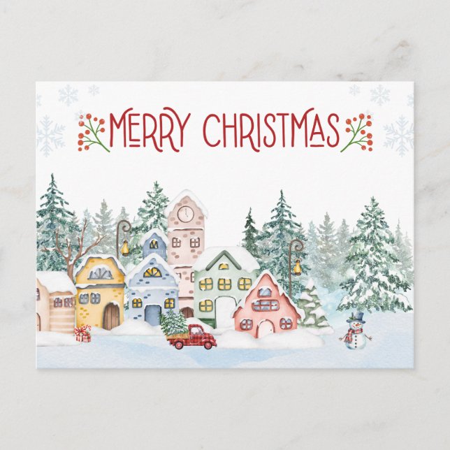 Postal Festiva Merry Christmas Watercolor Winter Village (Anverso)