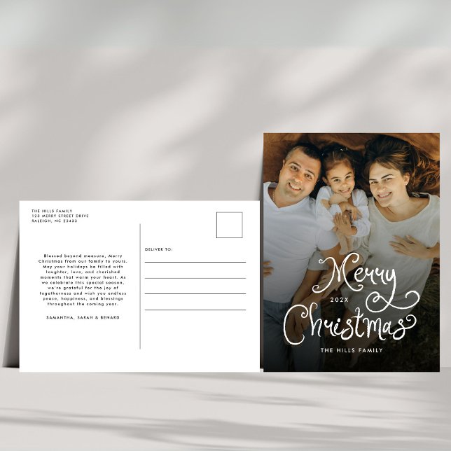 Postal Festiva Merry Christmas Whimsical Script  Family  Photo (Subido por el creador)