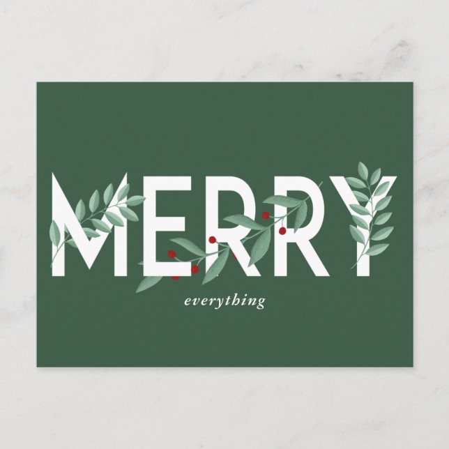 Postal Festiva Merry Everything Green Holly Berries Foliage (Anverso)