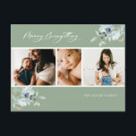 Postal Festiva Merry Everything Winter Botanic Collage de fotos<br><div class="desc">Guión "Merry Everything". Arreglos botánicos de invierno acuarela,  tarjeta postal de vacaciones de collage de fotos verde salado. La tarjeta contiene tres fotos en la parte delantera con varias líneas de texto de plantilla en la parte posterior de la tarjeta para su dirección,  mensaje,  nombres y año.</div>