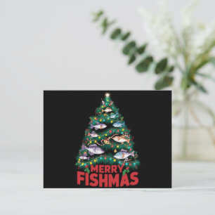 Postal Festiva Merry Fishmas Christmas Tree Enfoca la pesca de pe