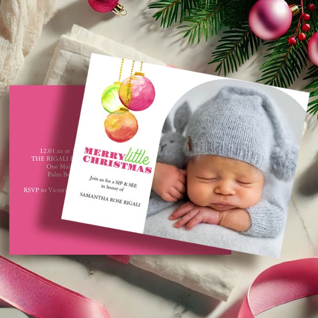 Postal Festiva Merry Little Navidades foto Sip y See (Sip and see Merry Little Christmas watercolor bauble art by Victoria Grigaliunas Do Tell A Belle)