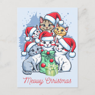 Postal Festiva Merry Meowy Navidades Santa Cats con regalo