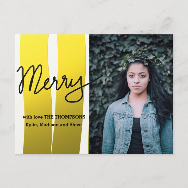 Postal Festiva Merry Modern Script Gold Stripes Fotos de vacacion (Anverso)