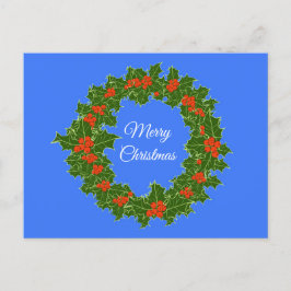 Postal Festiva Merry Red Berry y Holly Wreath para Navidades