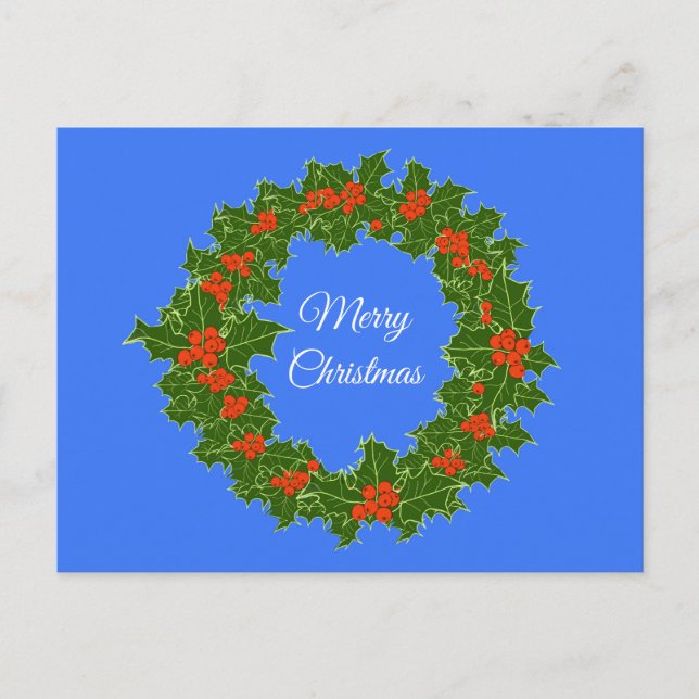 Postal Festiva Merry Red Berry y Holly Wreath para Navidades (Anverso)