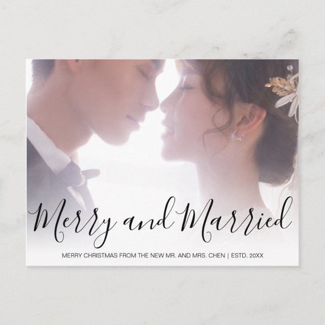 Postal Festiva Merry y casados negro y blanco recién casados Eleg (Anverso)