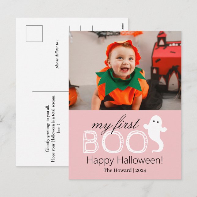 Postal Festiva ¡Mi Primer Boo! Fotos de la familia Spooky Cute Ha (Anverso / Reverso)