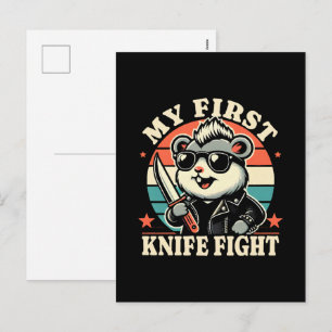 Postal Festiva Mi primera pelea con cuchillo - Hamster genial