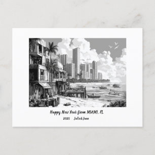 Postal Festiva Miami Feliz Año Nuevo 2025 personalizado