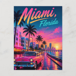 Postal Festiva Miami Florida Retro Neon Atardecer Viaje
