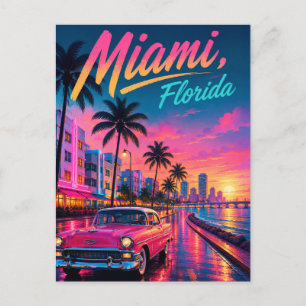 Postal Festiva Miami Florida Retro Neon Atardecer Viaje