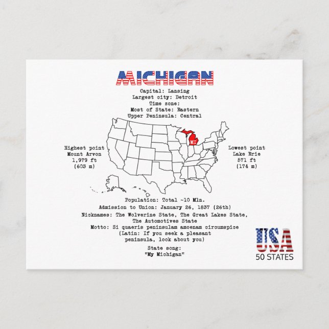 Postal Festiva Michigan - Estado americano en un mapa e informaci (Anverso)