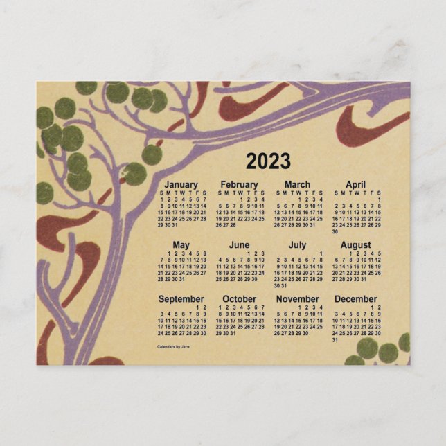 Postal Festiva Mini calendario Art Nouveau 2023 de Janz (Anverso)