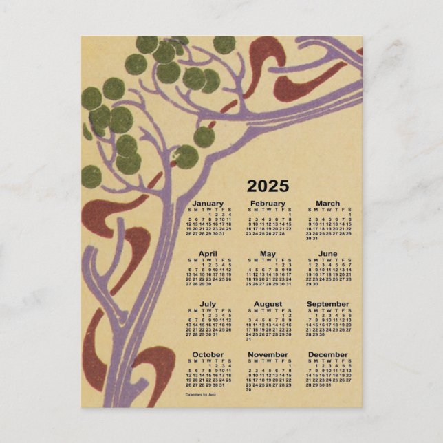 Postal Festiva Mini calendario Art Nouveau 2025 de Janz (Anverso)