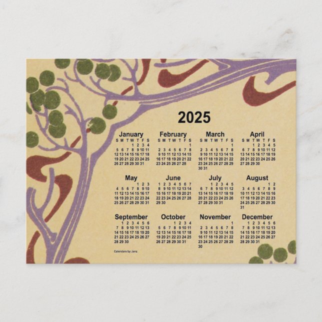 Postal Festiva Mini calendario Art Nouveau 2025 de Janz (Anverso)