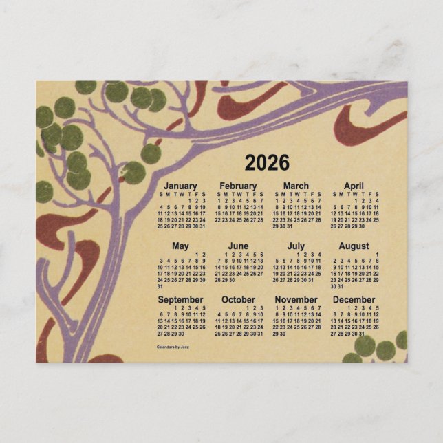 Postal Festiva Mini calendario Art Nouveau 2026 de Janz (Anverso)