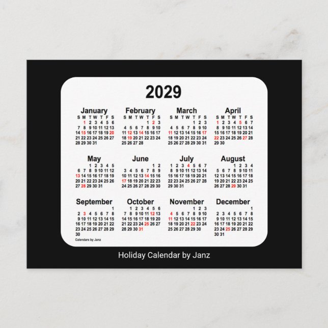 Postal Festiva Mini Calendario de Vacaciones Negras 2029 de Janz (Anverso)