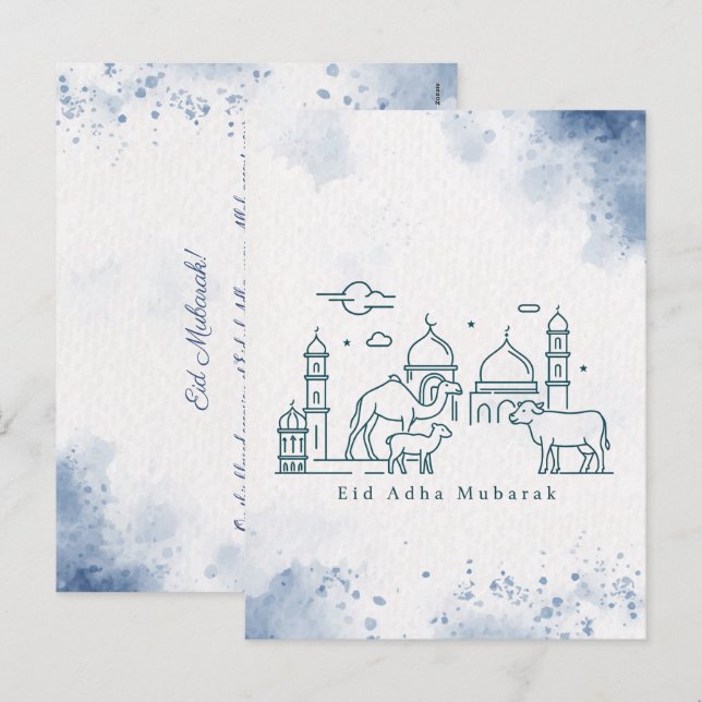 Postal Festiva Minimal Eid al Adha Mosque and Animals Line Art  (Anverso / Reverso)