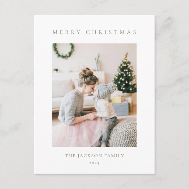 Postal Festiva Minimalist Olive Green Merry Christmas Photo (Anverso)