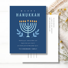 Postal Festiva Mínimo Simple Azul Menorah Velas Felices Hanukkah