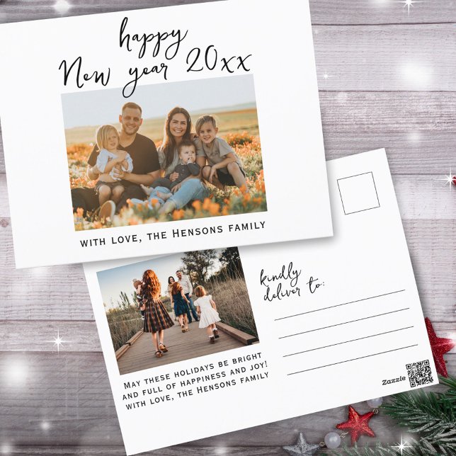 Postal Festiva Mínimo Simple Feliz Año Nuevo Script Foto Familiar (Custom photos on the front and on the backside.)