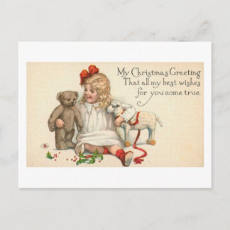 Postal Festiva Mis Navidades saludan a niño con osito de peluche