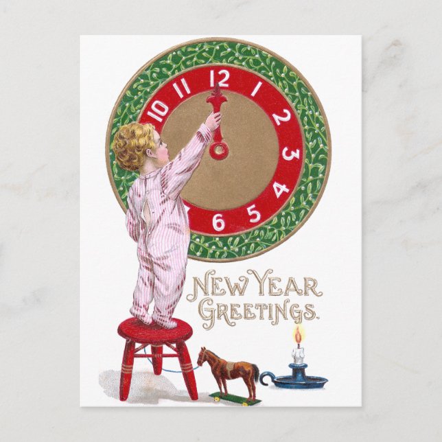 Postal Festiva Mistletoe Clock & Toddler Saludos de Año Nuevo (Anverso)