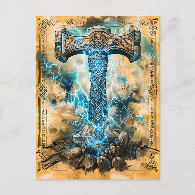 Postal Festiva Mjölnir Martillo de Thor con Relámpagos (Anverso)
