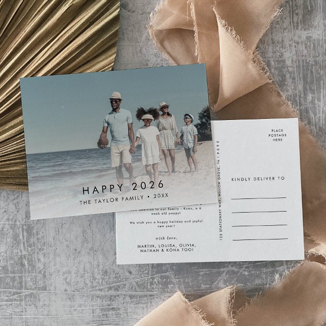 Postal Festiva Moda Feliz Año Nuevo 2025 en foto de resumen (Chic Happy 2026 New Year In Review Photo Holiday Postcard)