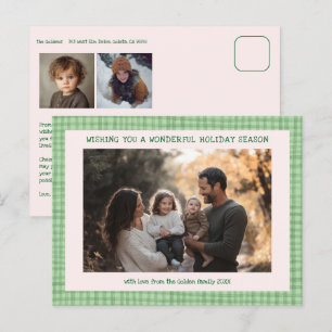 Postal Festiva Moda Gingham Navidades verdes rosados Personalizad