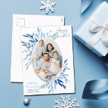 Postal Festiva Moda Happy Hanukkah Blue BotanFamily Photo<br><div class="desc">Hermosas hojas botánicas de acuarela azul surgen de tu fotografía vertical de la familia judía para un Hanukkah feliz. Personalice esta postal de la moda Chanukah.</div>