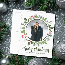 Postal Festiva Moda Navidades de Green Holly Wreath Couple Photo