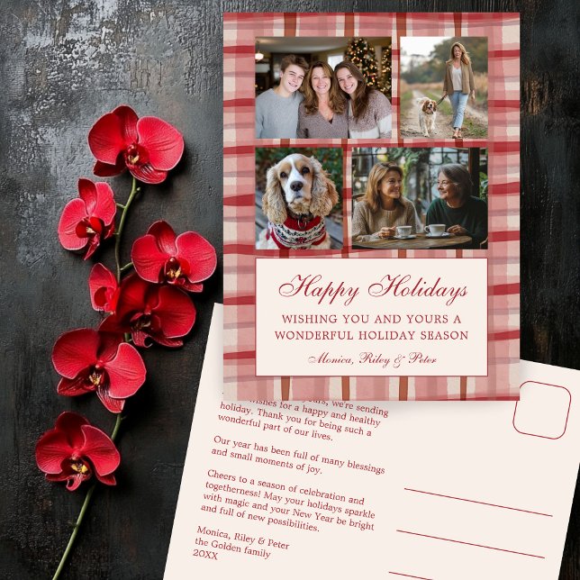 Postal Festiva Moda Navidades  Personalizado 4 Collage de fotos R (Chic Preppy Watercolor Plaid Christmas Custom 4 Photo Collage Red Holiday Postcard
)