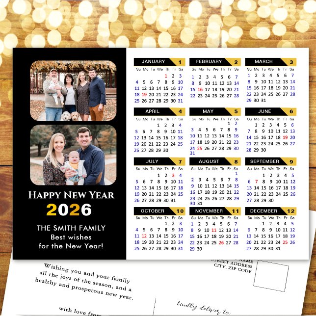 Postal Festiva Modern 2026 Calendar Family 2 Photo Black Gold (Subido por el creador)